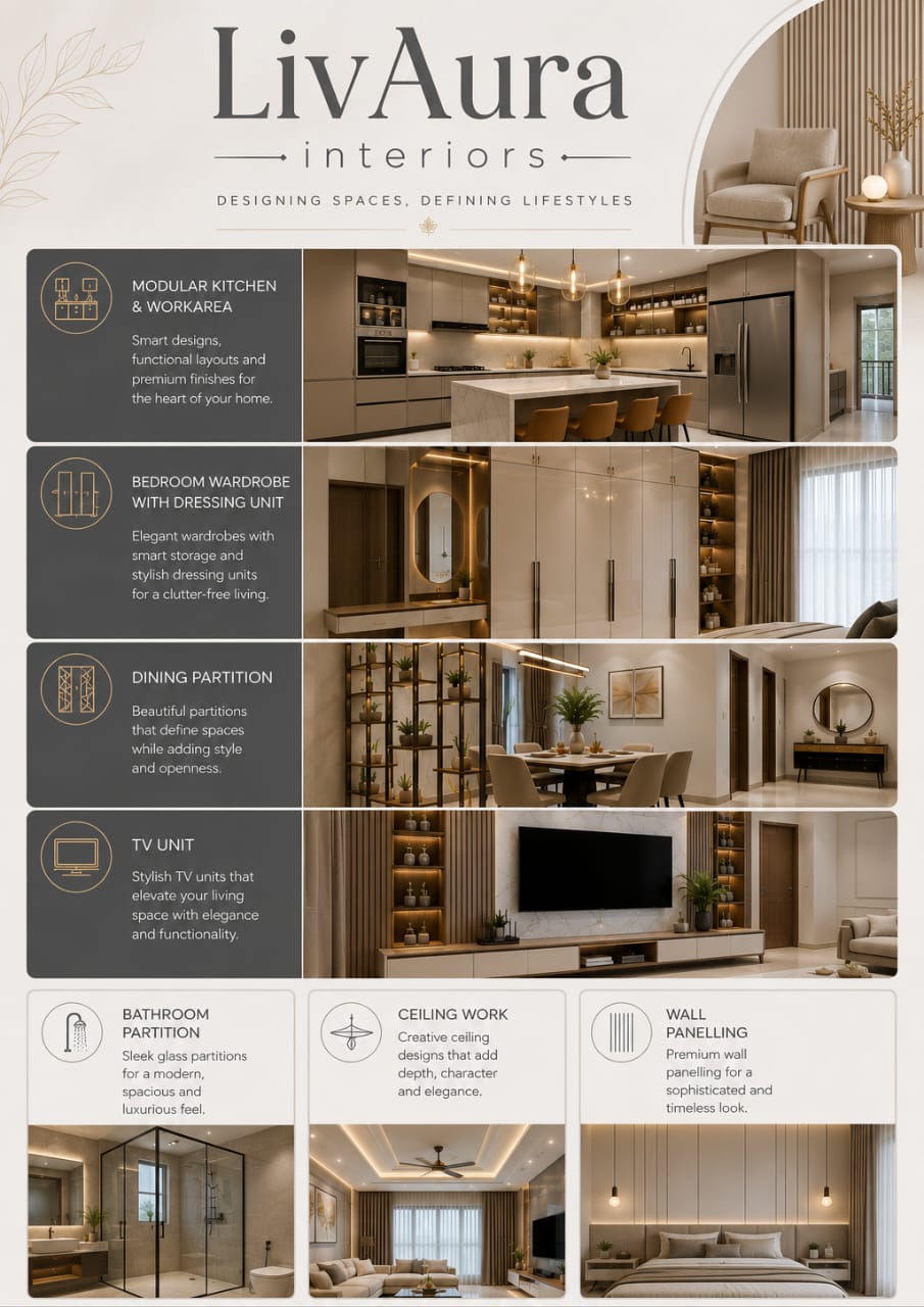 Modern living room interior design by LivAura Interiors
