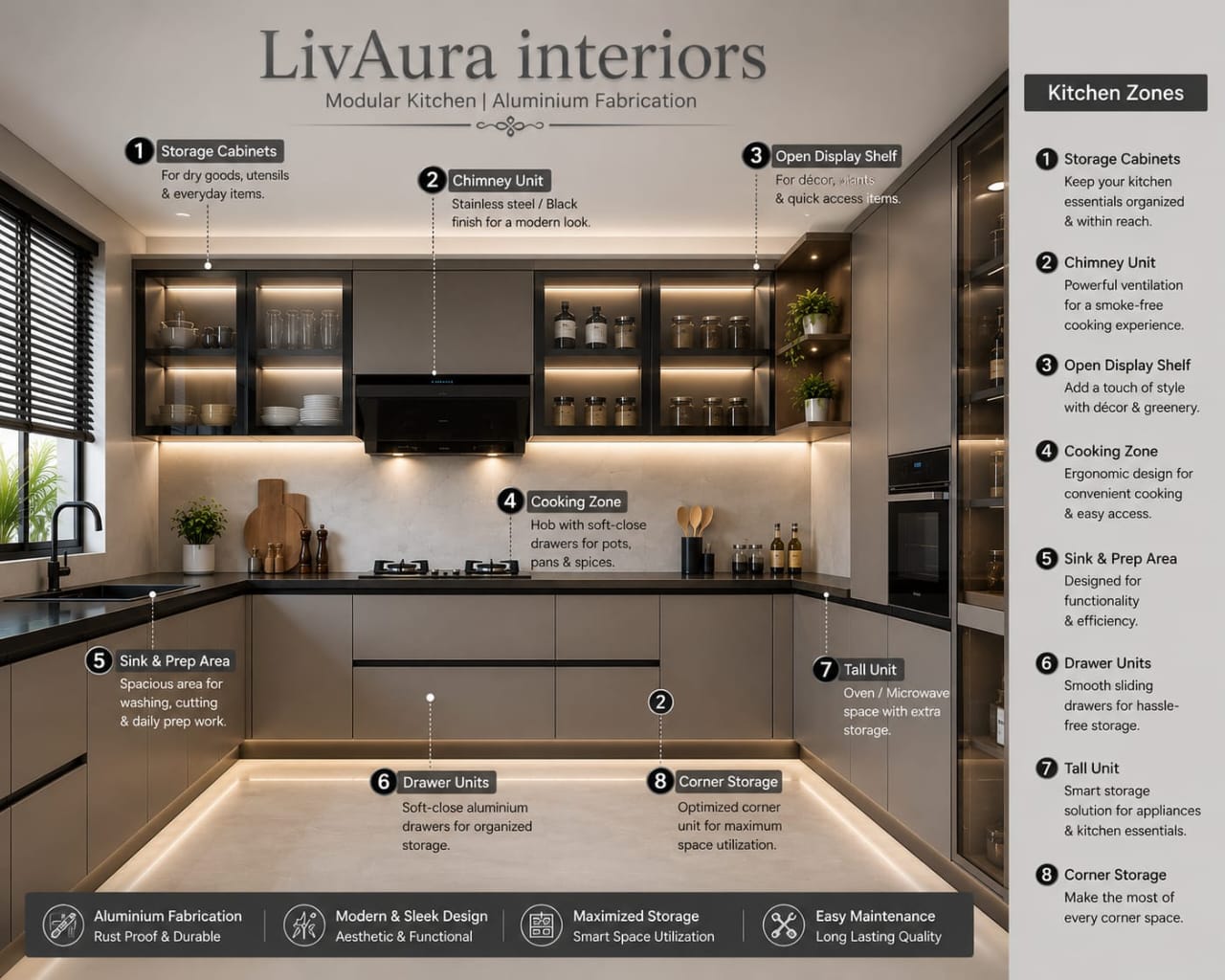 Kitchen with loft and cupboard design