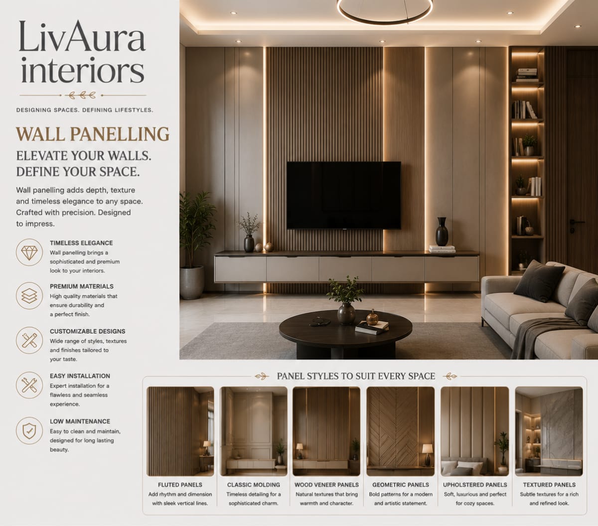 Living space with wall panelling and TV unit